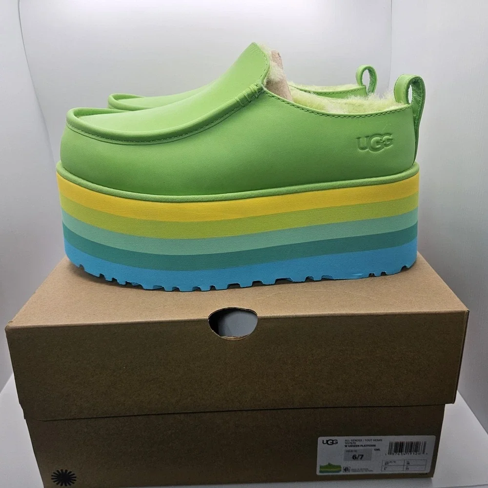 UGG URSEEN PLATFORM Green MULTI LEATHER WOOL ALL GENDER M6/W7 Festival Shoes‎
